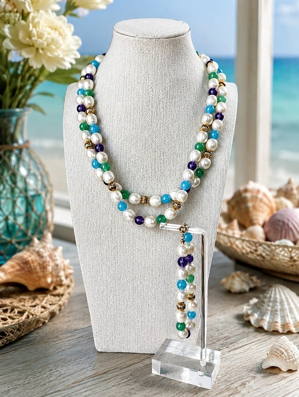 Glass Faux Pearl Pastel Extra Long Beaded Gemstone Spring Necklace Bracelet Set